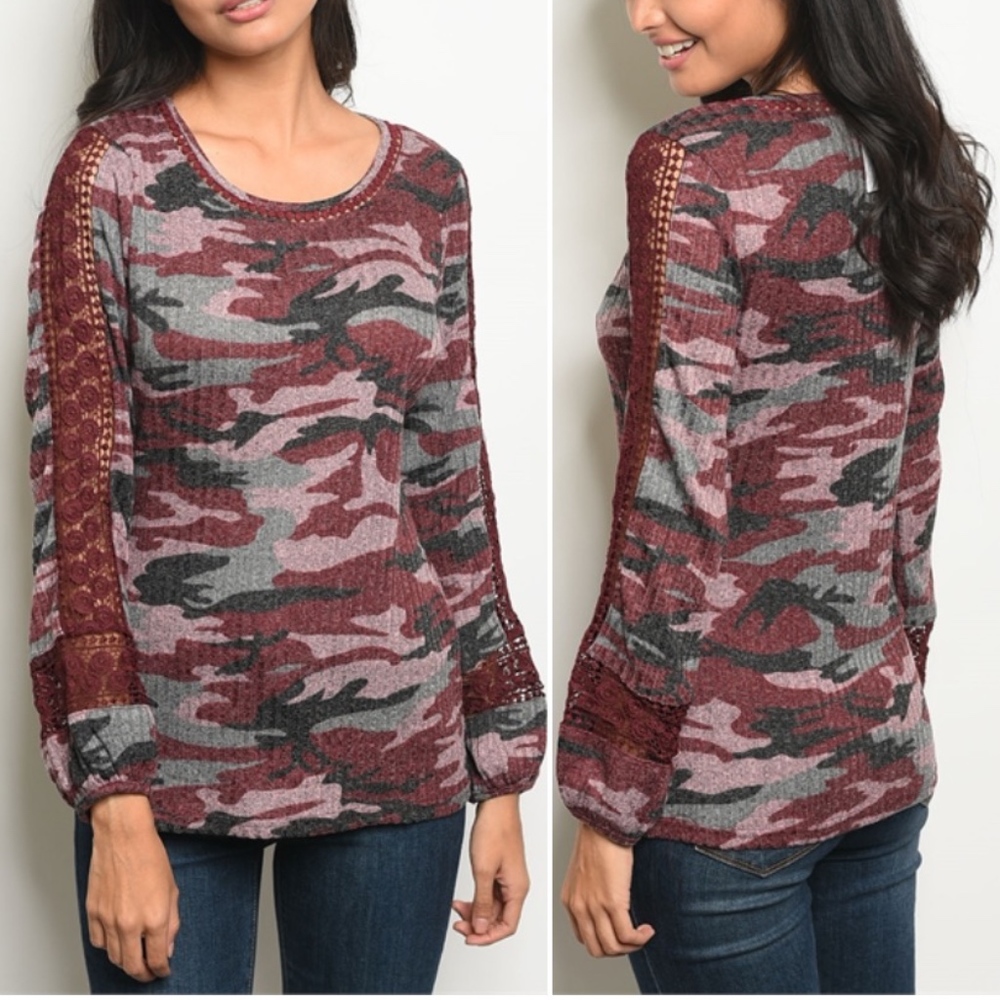 BURGUNDY GRAY CAMOUFLAGE TOP